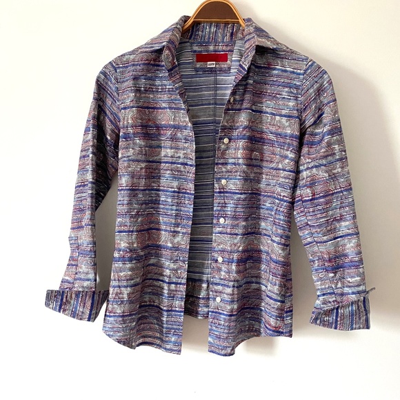 Cotton Floral Blue Paisley Button Front Tailored Blouse Envelōp Jim Smith - Picture 1 of 9